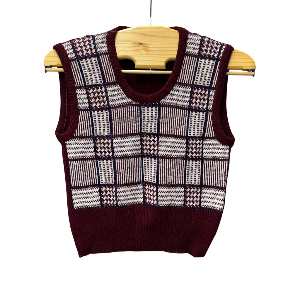 Kings Road Sears Vintage Mens Burgundy Plaid Knit Sweater Vest Acrylic Large